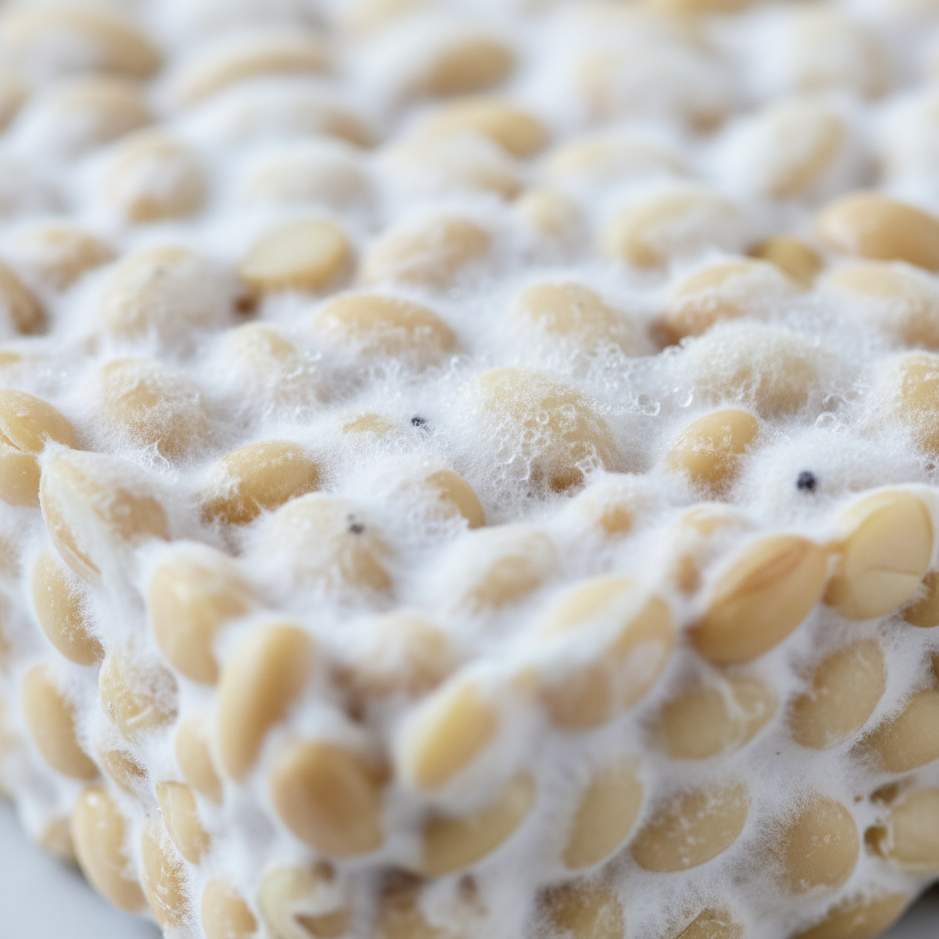 Miselium putih jamur Rhizopus oligosporus yang mengikat biji kedelai menjadi tempe padat.