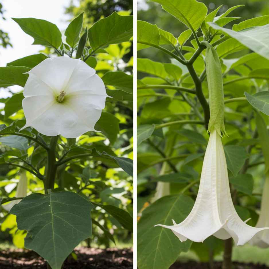 Cara Membedakan Datura dan Brugmansia Perbandingan berdampingan antara bunga Datura yang tumbuh tegak ke atas (kiri) dan bunga Brugmansia yang menggantung ke bawah (kanan).
