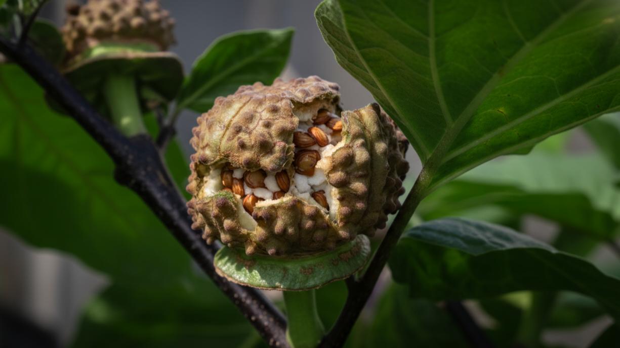 Buah Kecubung Sangat Beracun Foto close-up buah kecubung matang dengan tonjolan-tonjolan tajam yang menyiratkan bahaya toksisitasnya jika dikonsumsi.