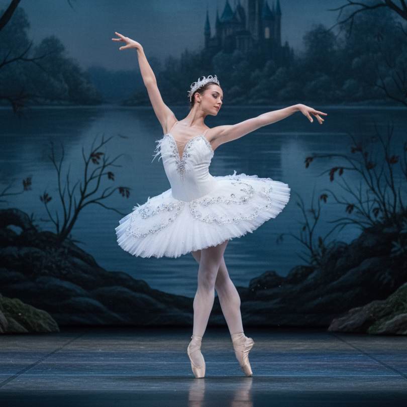 Adegan dari pertunjukan balet "Swan Lake" yang menampilkan penari balet dalam kostum angsa putih yang ikonik di atas panggung.