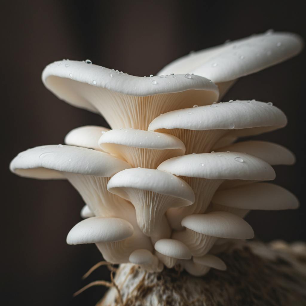 Sekelompok jamur tiram putih segar berkualitas tinggi dengan tudung mekar, menyoroti tekstur dan keindahannya sebagai bahan makanan superfood.