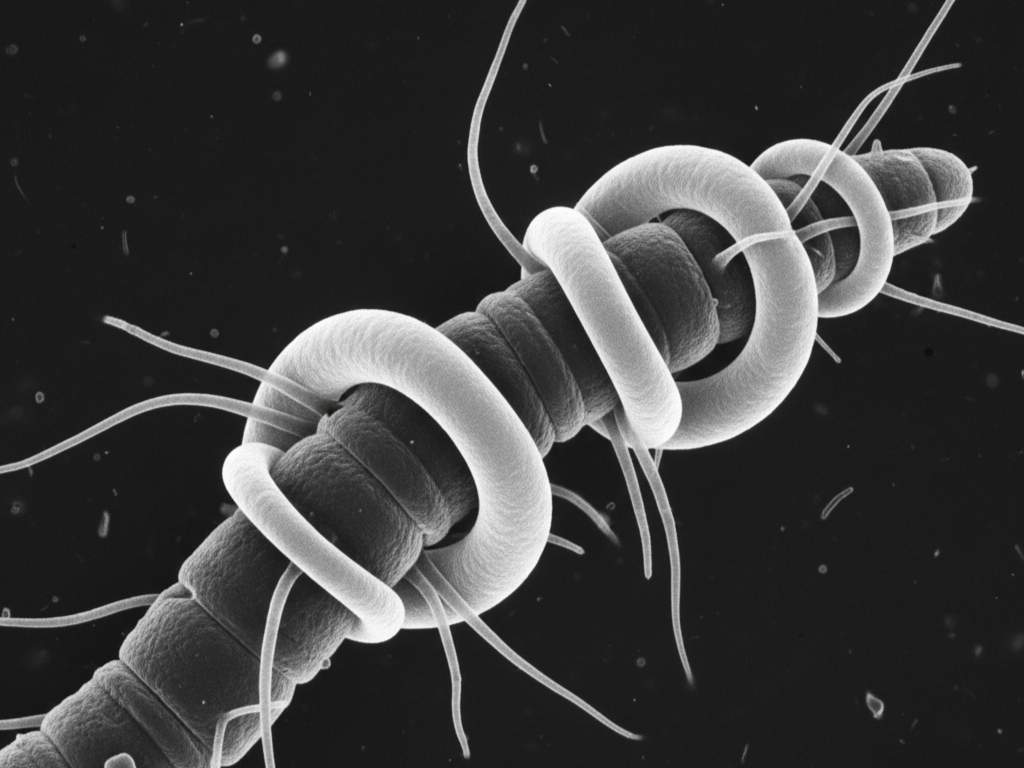 Jamur Karnivora Menjebak Nematoda Gambar mikroskopis menunjukkan cacing nematoda yang terperangkap dalam jerat cincin hifa jamur karnivora.