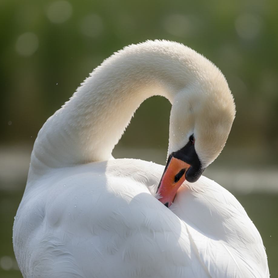 Foto close-up seekor angsa putih yang sedang merapikan bulunya (preening) dengan paruhnya untuk menjaga agar tetap tahan air.