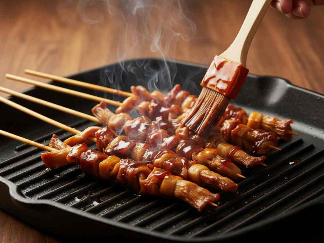 Sate jamur tiram yang sedang dibakar di atas panggangan, diolesi bumbu kecap manis, alternatif sate daging yang sehat dan lezat.