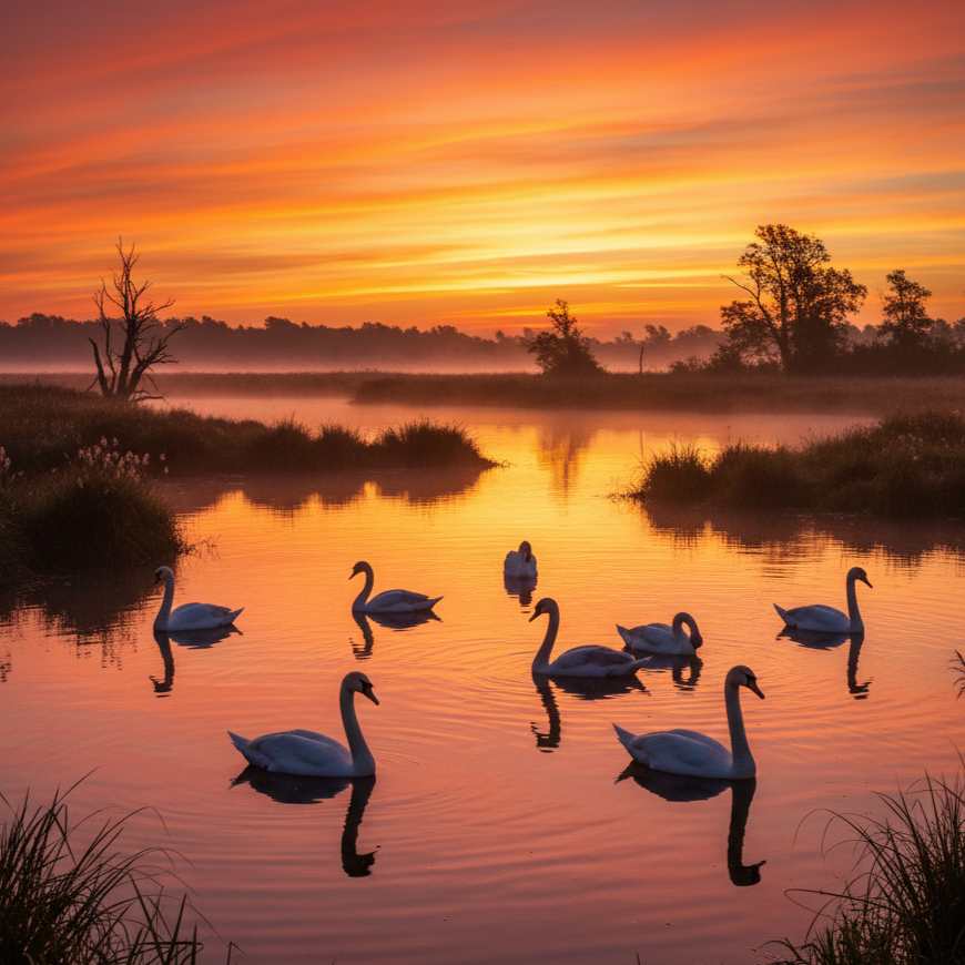 Siluet beberapa angsa di atas danau yang tenang saat matahari terbenam, menciptakan pemandangan lanskap yang damai dan indah.