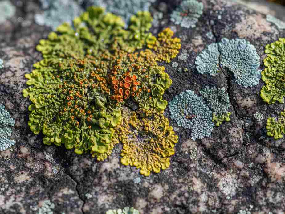 Lumut kerak dengan berbagai warna dan bentuk tumbuh menutupi permukaan batu.