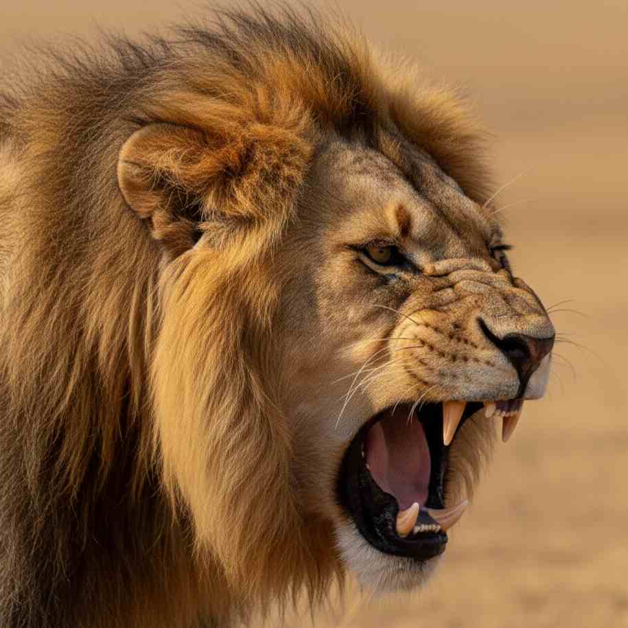 Foto close-up ekstrem wajah singa jantan yang sedang mengaum marah dengan mulut terbuka lebar, menunjukkan taringnya yang tajam.