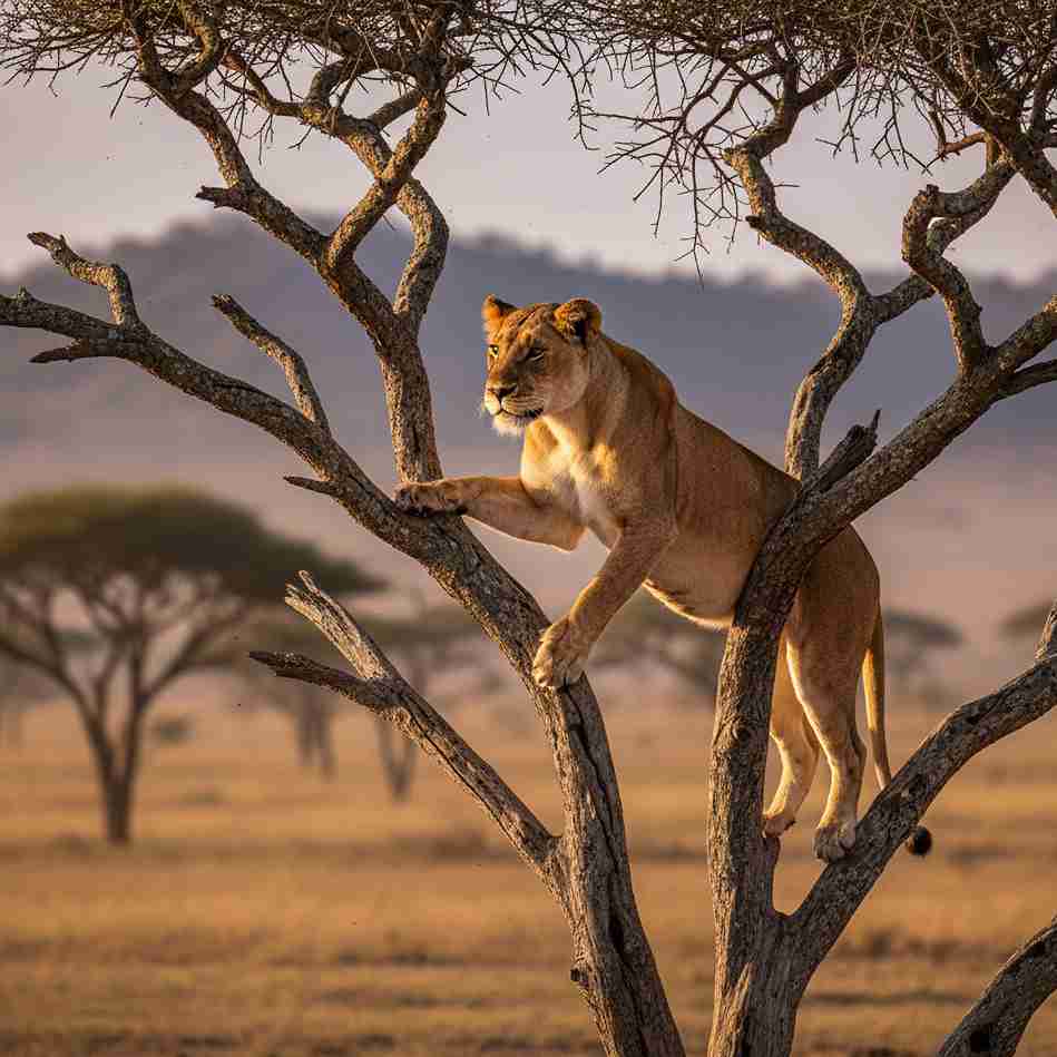 Seekor singa betina menunjukkan kelincahannya saat memanjat batang pohon yang tinggi dan berkelok-kelok di sabana Afrika.