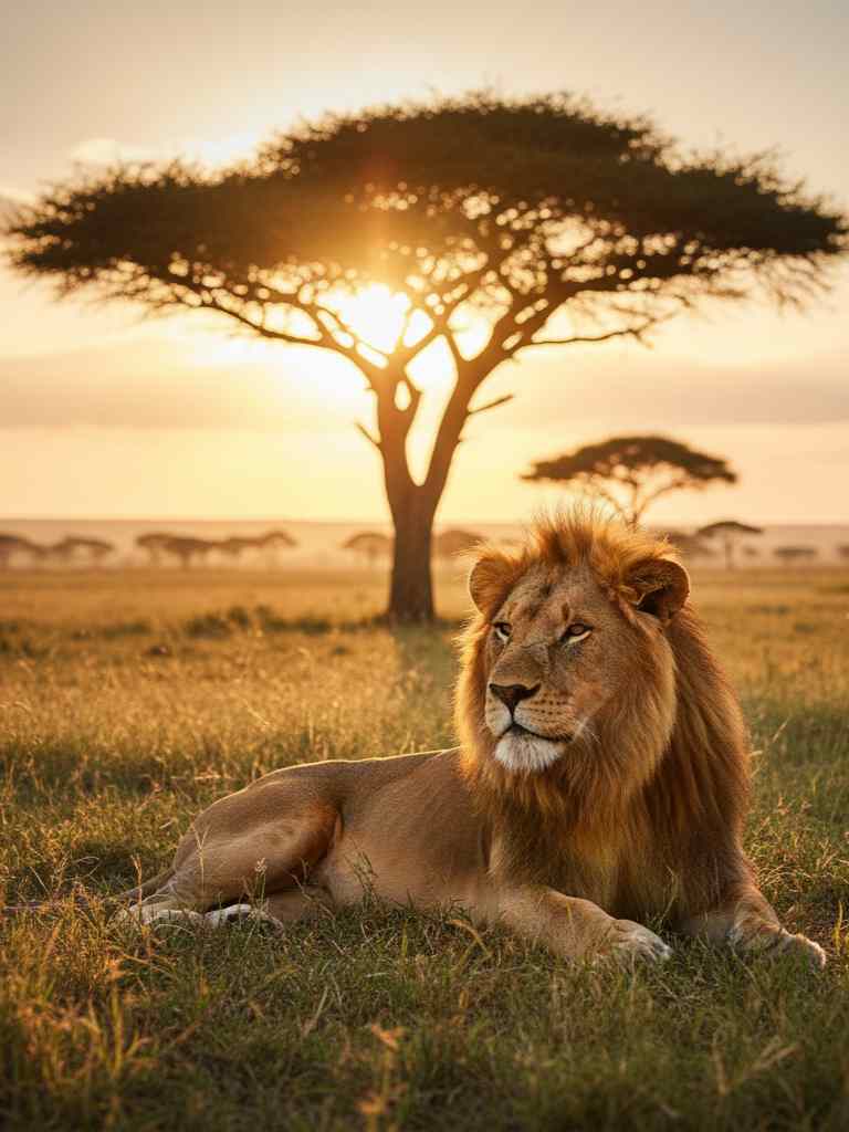 Seekor singa jantan berwibawa sedang duduk santai di padang rumput sabana saat matahari terbenam, dengan siluet pohon akasia ikonik di belakangnya.