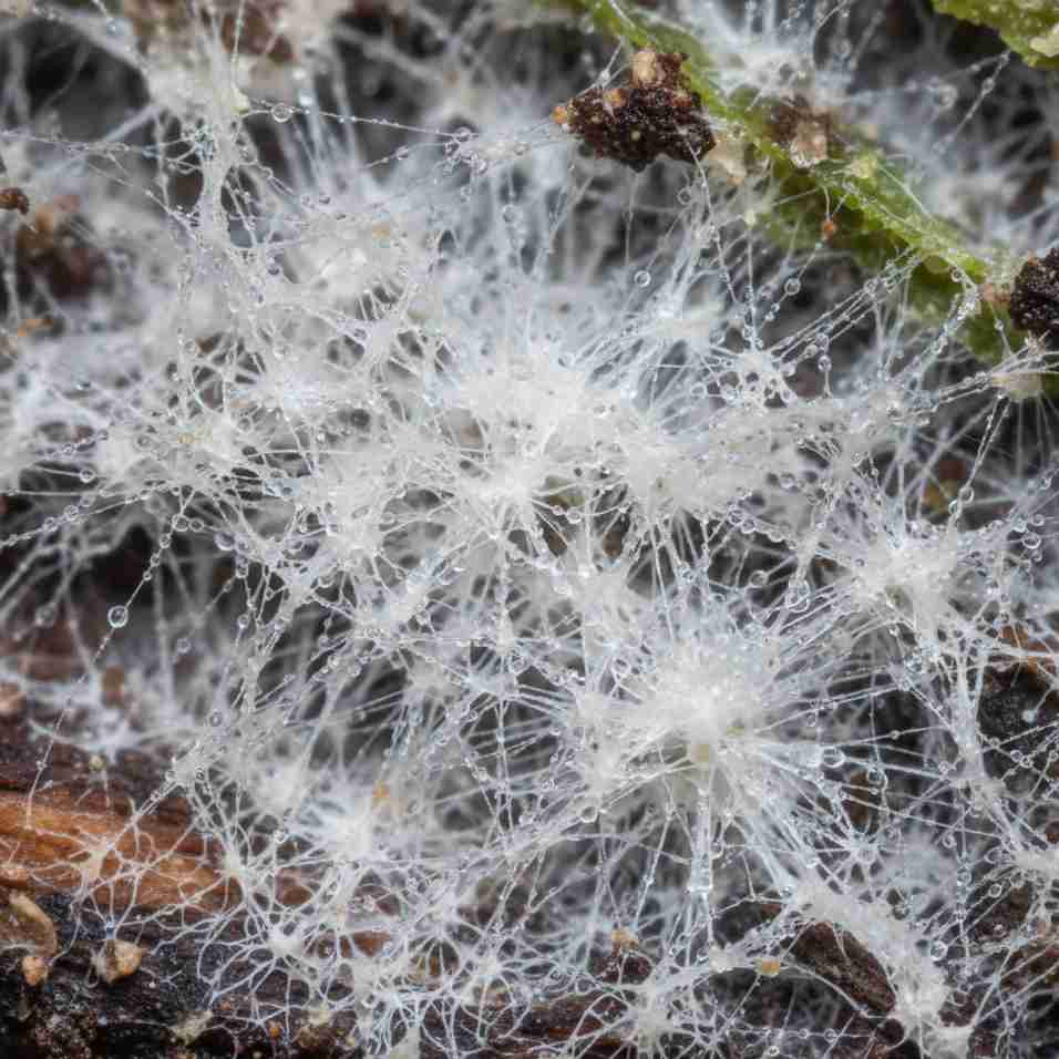 Jaringan hifa dan miselium jamur yang rumit terlihat dari dekat.
