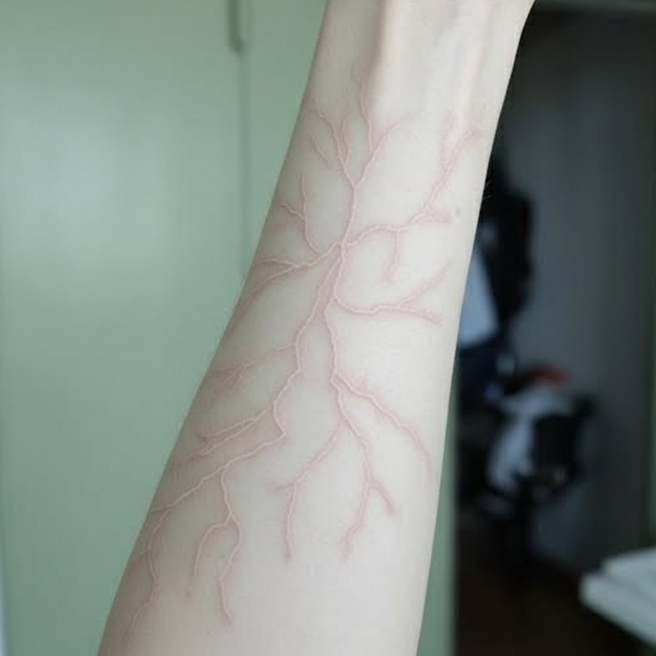 Bekas luka kemerahan berbentuk pola bercabang menyerupai petir (Lichtenberg Figure) pada lengan manusia.