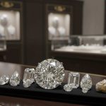 Koleksi berlian aneka potongan yang sudah dipoles dipajang di etalase toko perhiasan mewah.