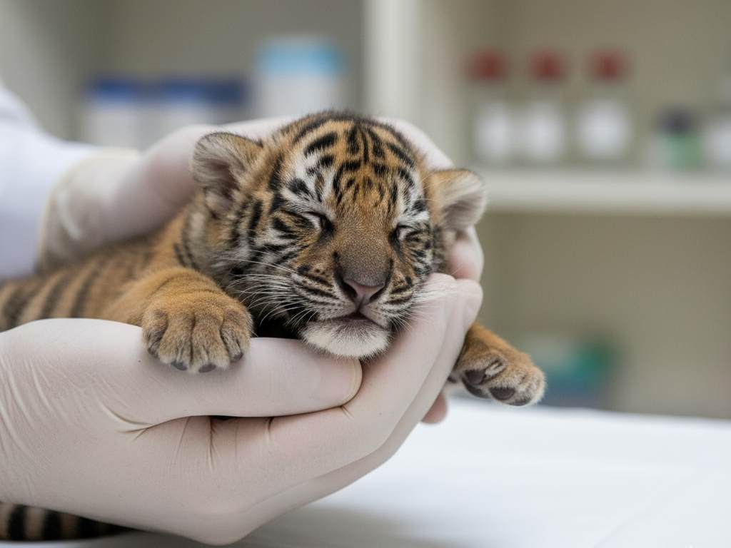 Bayi harimau sumatera yang dirawat oleh petugas di pusat rehabilitasi satwa liar.