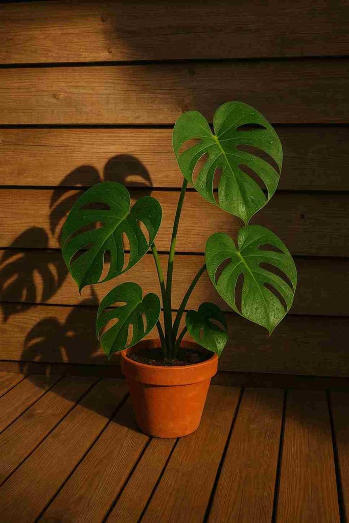 Tanaman monstera janda bolong dalam pot tanah liat di teras kayu