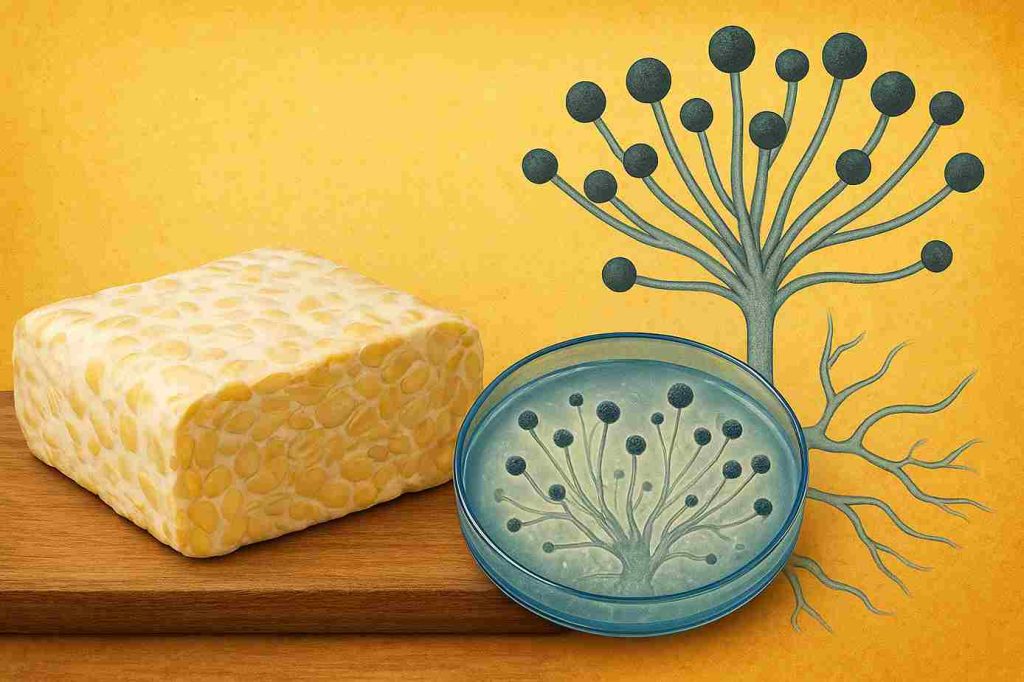 Tempe segar utuh dan ilustrasi struktur jamur Rhizopus oligosporus