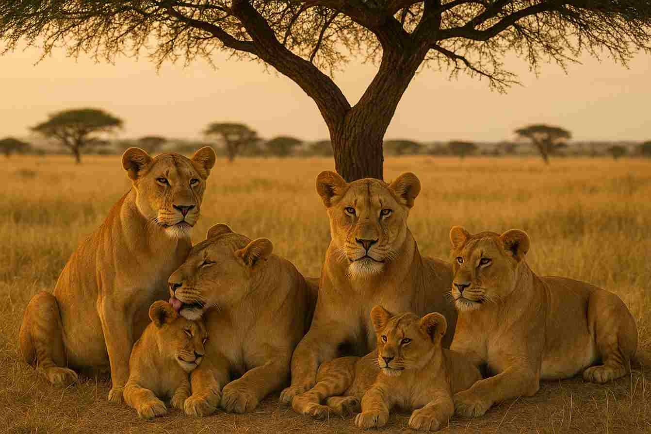 Sekawanan singa yang terdiri dari beberapa singa betina dan anak-anaknya sedang beristirahat dengan tenang di bawah naungan pohon akasia.