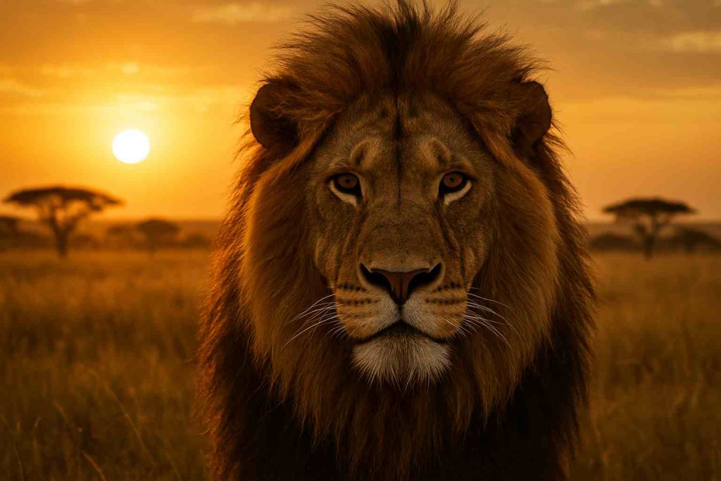 Foto close-up wajah seekor singa jantan yang megah dengan surai lebat berlatar belakang matahari terbenam yang hangat di sabana Afrika.