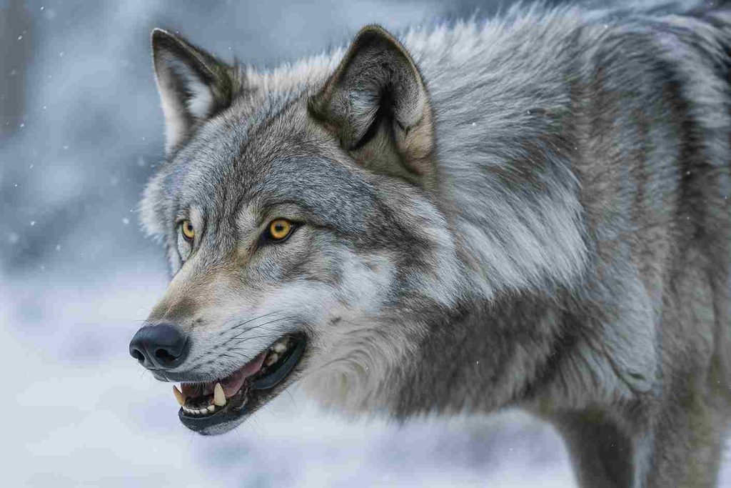 Close-up wajah serigala abu-abu dengan mata kuning yang tajam dan waspada.