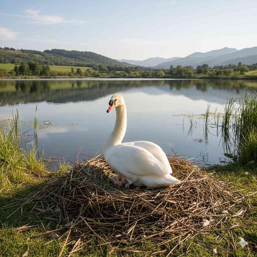 Angsa Putih (Cygnus olor) mengerami telur di sarang tepi danau dengan latar belakang perbukitan.