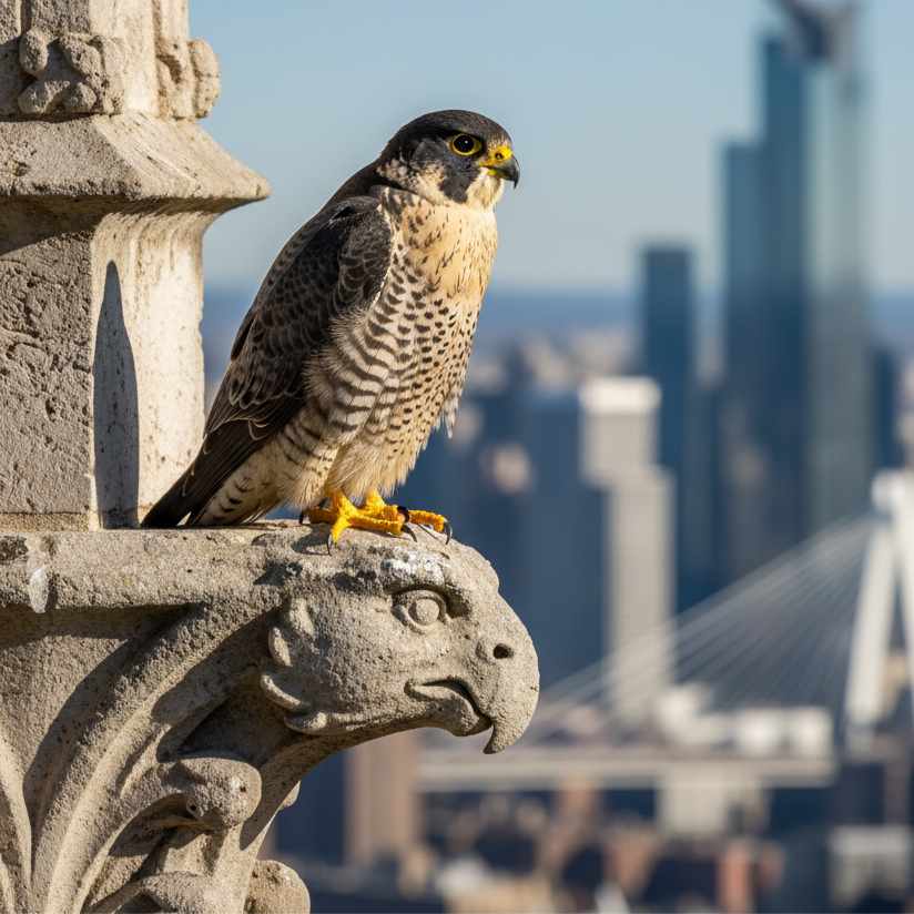 Seekor Alap-alap kawah bertengger di tepi gedung pencakar langit atau jembatan, memandang ke bawah ke lanskap kota, menunjukkan adaptasi perkotaannya.