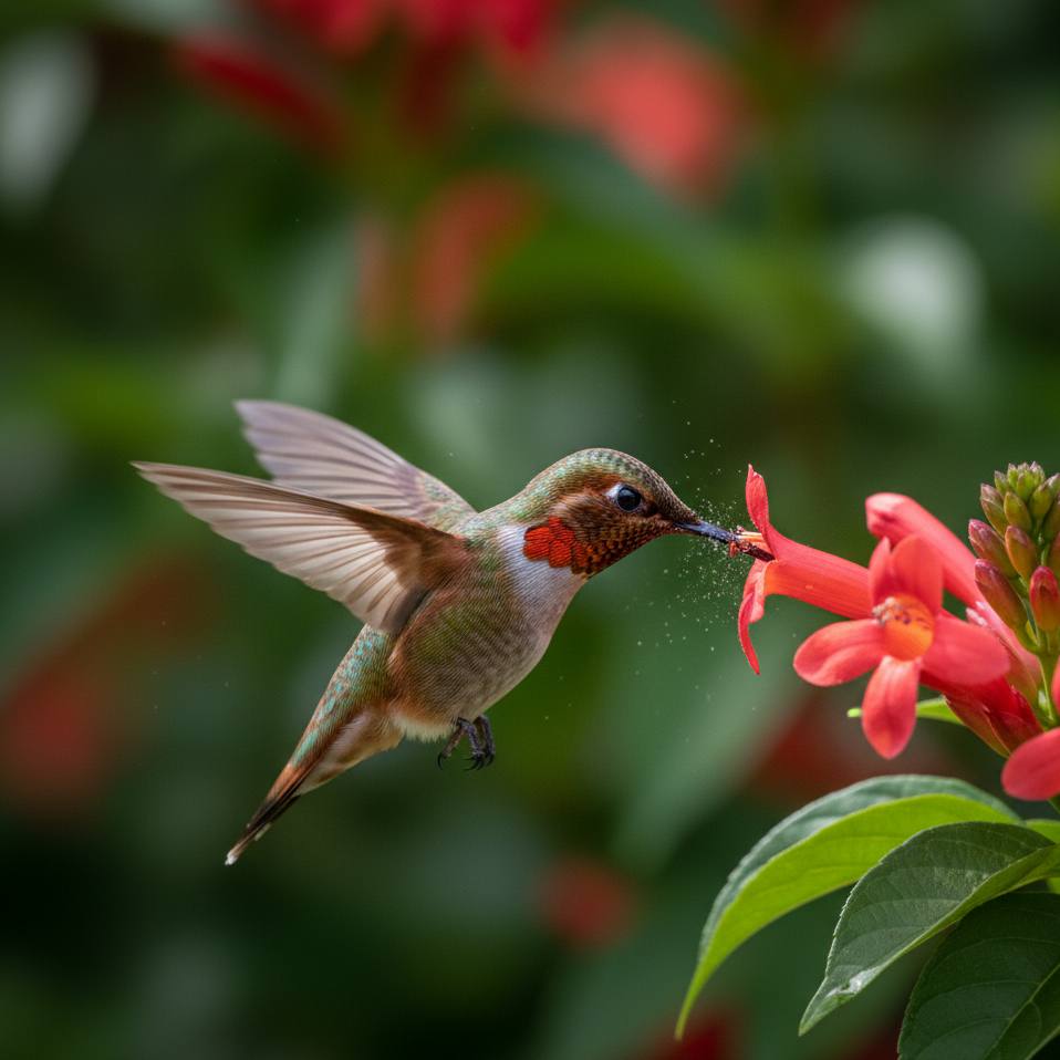Burung kolibri dengan paruh panjang sedang minum nektar dari bunga tubular berwarna merah, menunjukkan peran pentingnya sebagai penyerbuk.