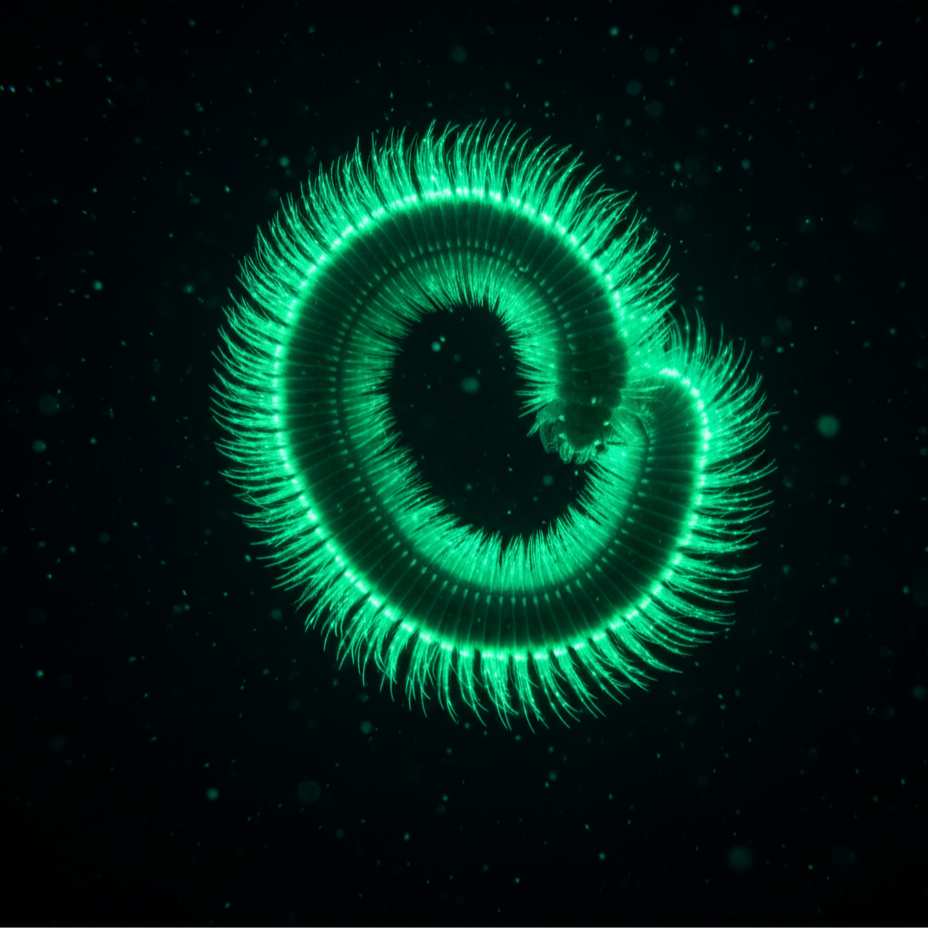 Cacing Api (Fireworm) betina berputar di air sambil memancarkan cahaya bioluminesensi hijau terang untuk menarik jantan.