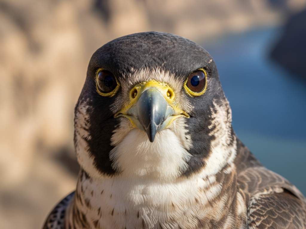 Foto portret close-up Alap-alap kawah, memperlihatkan 'kumis' hitam atau malar stripe yang khas, mata yang tajam, dan paruh bengkok.