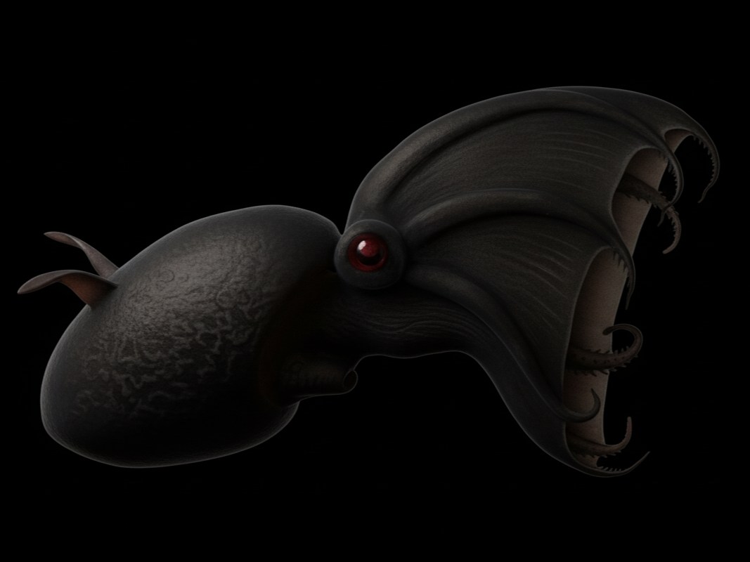 Cumi-cumi Vampir dalam postur pertahanan 'nanas', memperlihatkan jaring di antara lengannya untuk melindungi diri.