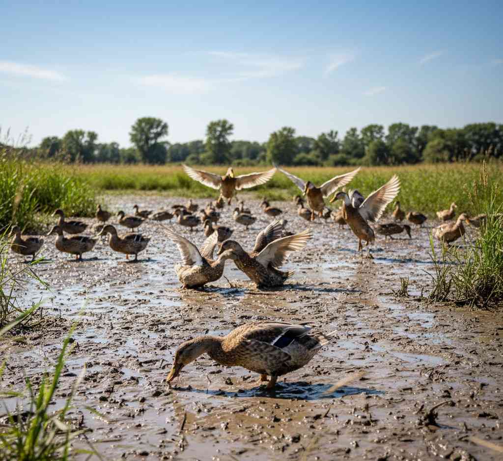 Bebek Mallard di lumpur mencari makan, beberapa terbang di latar belakang.