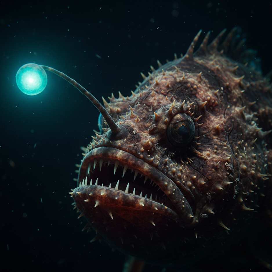 Seekor Ikan Anglerfish (Ikan Buntal) di laut dalam menggunakan umpan bioluminesensi yang bercahaya terang untuk memikat mangsa di kegelapan.