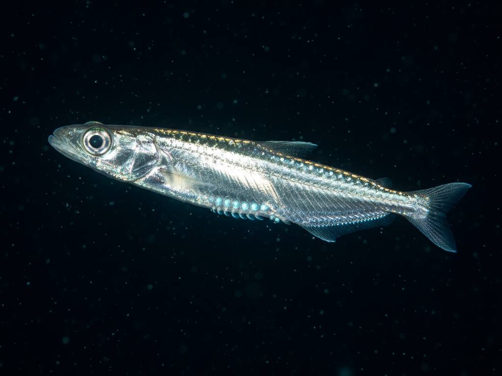 Ikan Kapak (Hatchetfish) laut dalam dengan tubuh perak tipis dan organ cahaya photophores di perutnya.