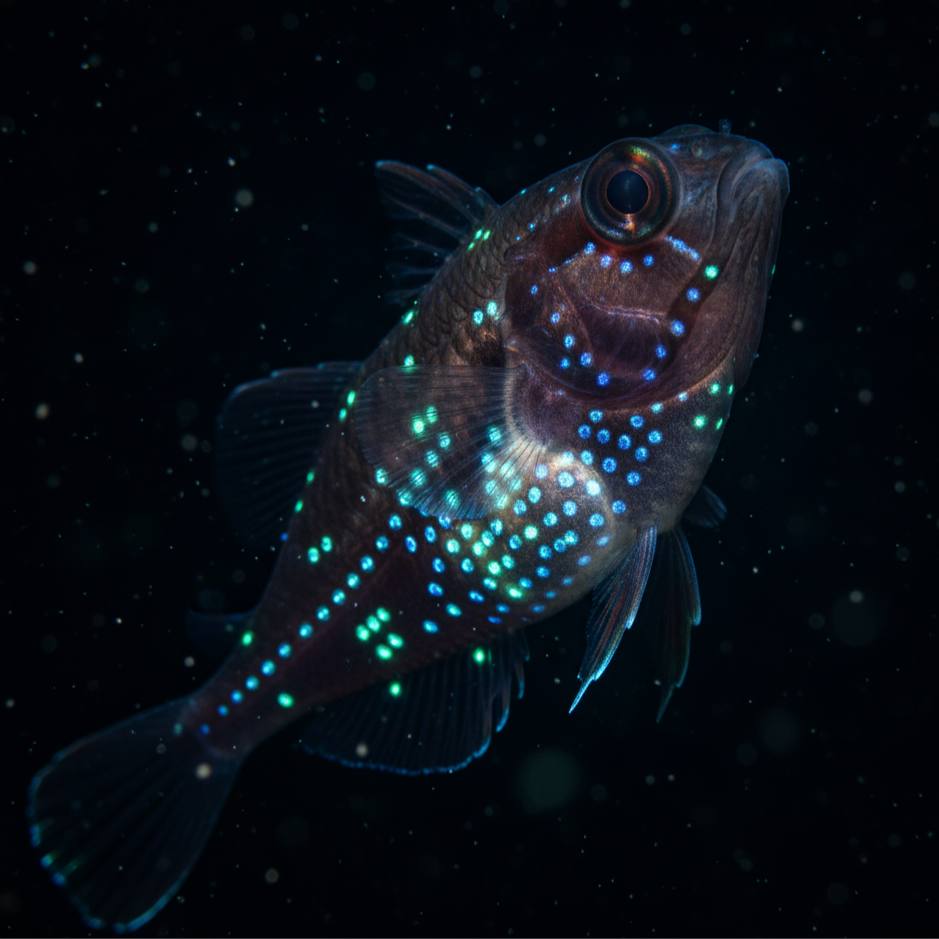 Seekor Ikan Lentera (Lanternfish) menunjukkan pola organ cahaya atau photophores yang unik di sisi tubuhnya untuk komunikasi.