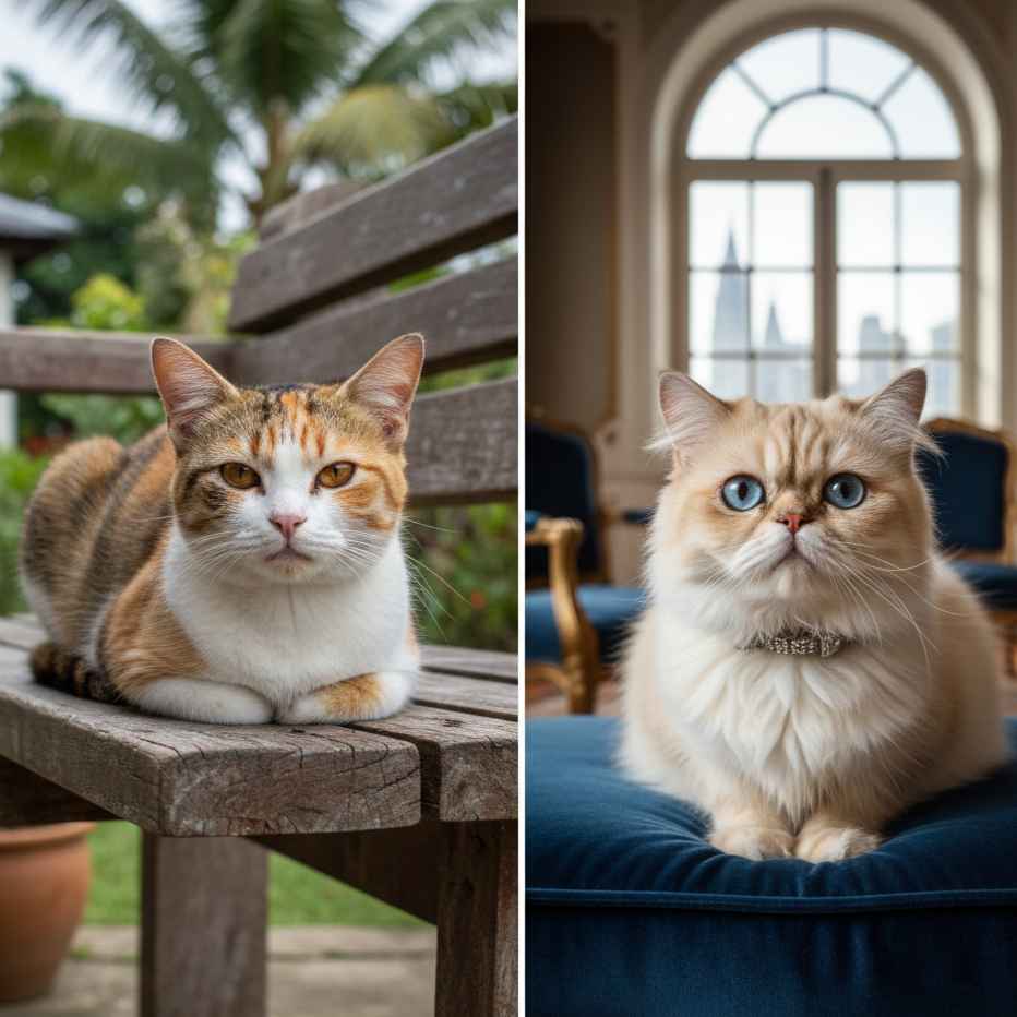 Perbandingan visual antara kucing domestik berbulu pendek dengan kucing ras Persia berbulu panjang, menyoroti perbedaan fisik fundamental.