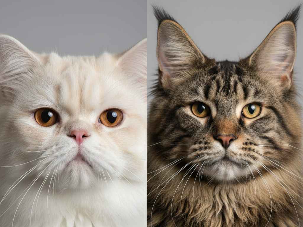 Perbandingan standar ras kucing: kepala bulat dan pesek dari Persia modern vs moncong persegi dan telinga berjumbai dari Maine Coon.