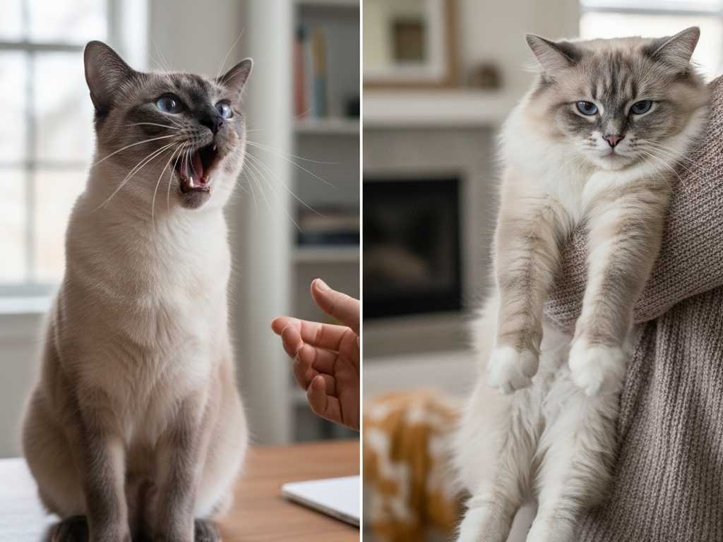 Perbedaan temperamen kucing ras: Kucing Siam yang vokal dan interaktif dibandingkan dengan Kucing Ragdoll yang tenang dan jinak saat digendong.