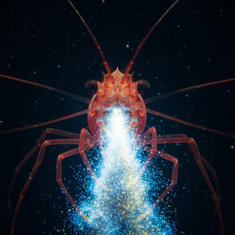 Seekor udang laut dalam (Acanthephyra) menyemprotkan awan cairan bioluminesen untuk membutakan dan melarikan diri dari predator.