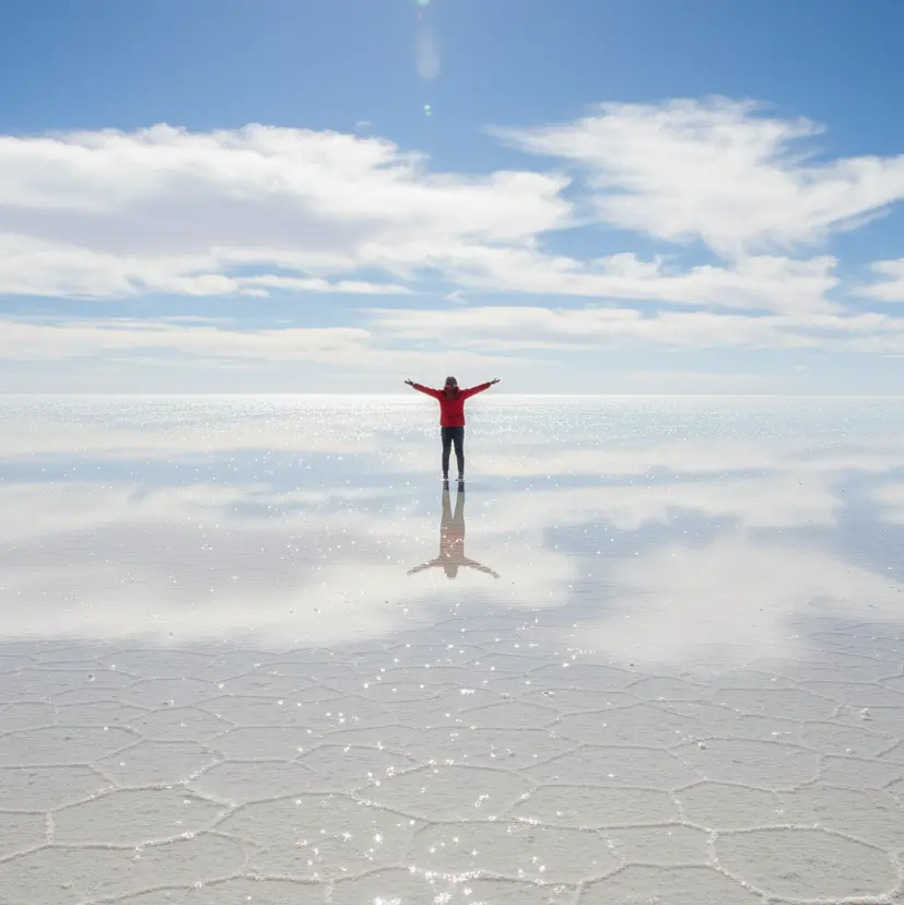 Dataran garam Salar de Uyuni memantulkan langit biru dengan awan sempurna saat musim hujan, menciptakan ilusi optik.