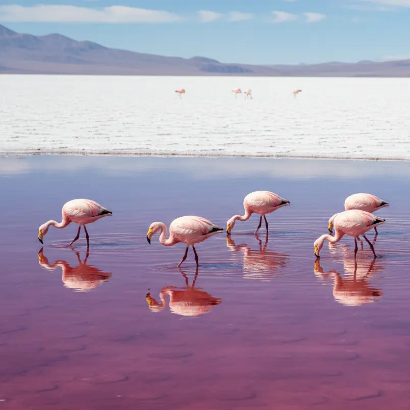 flamingo mencari makan di air asin Laguna Salar de Uyuni.