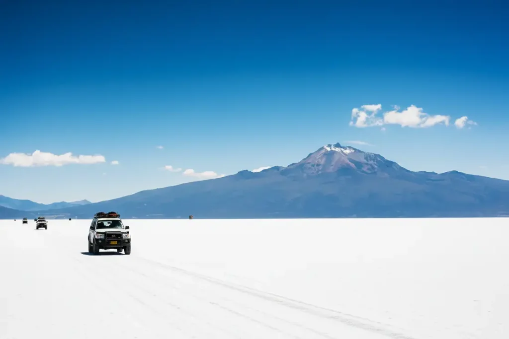 Gunung berapi tidak aktif Tunupa menjulang di utara Salar, diyakini sebagai Dewi yang air matanya membentuk garam.