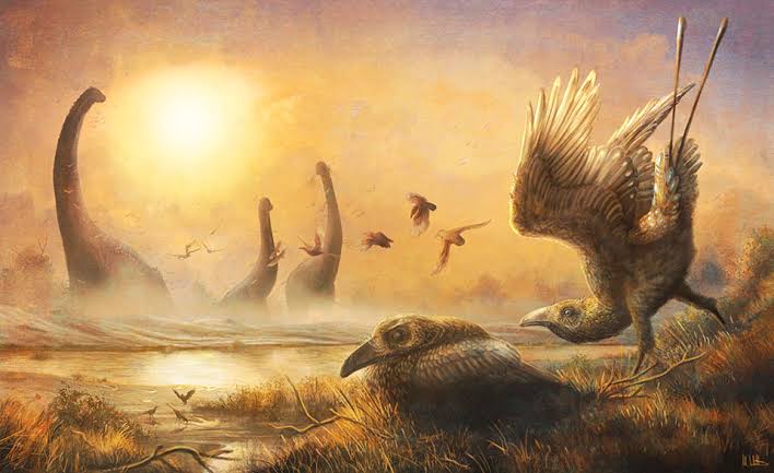 Ilustrasi burung purba dan dinosaurus Sauropoda di tepi air.