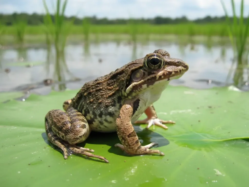 Katak sawah di daun hijau di sawah basah.