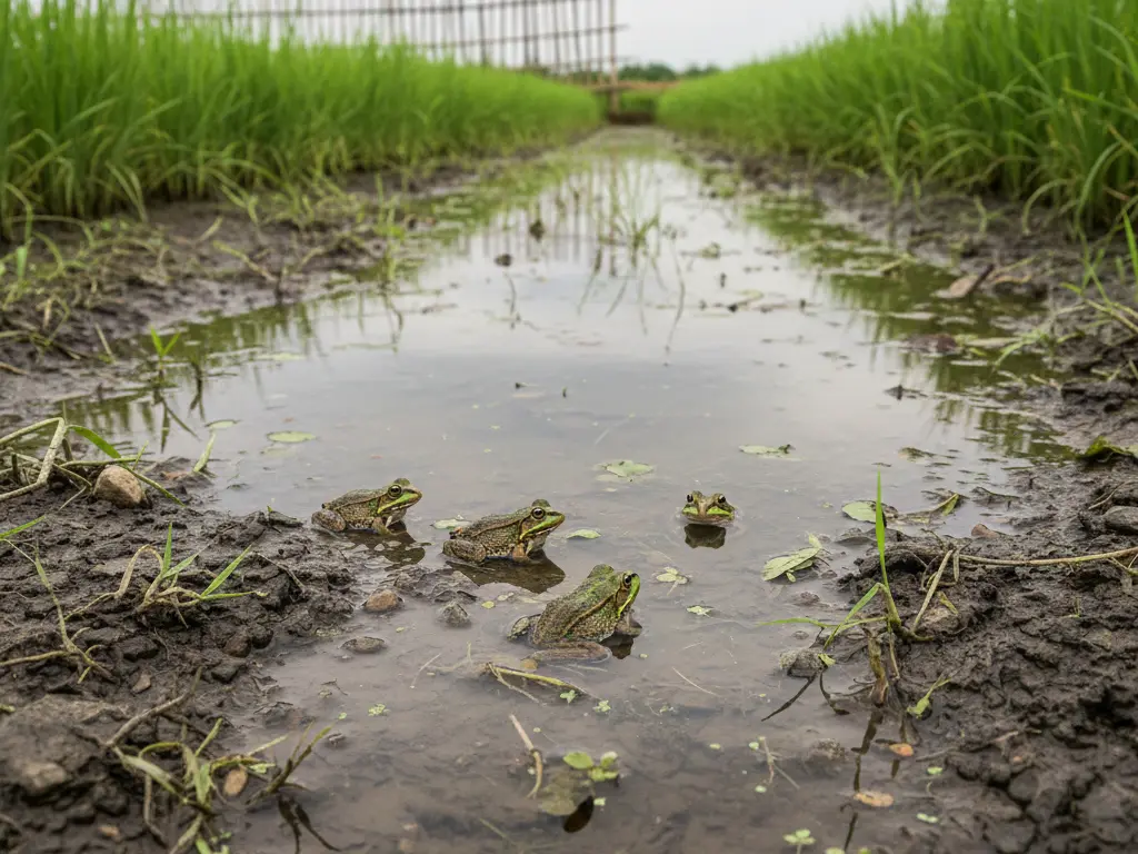 Beberapa katak sawah muncul di permukaan air irigasi di antara tanaman padi.