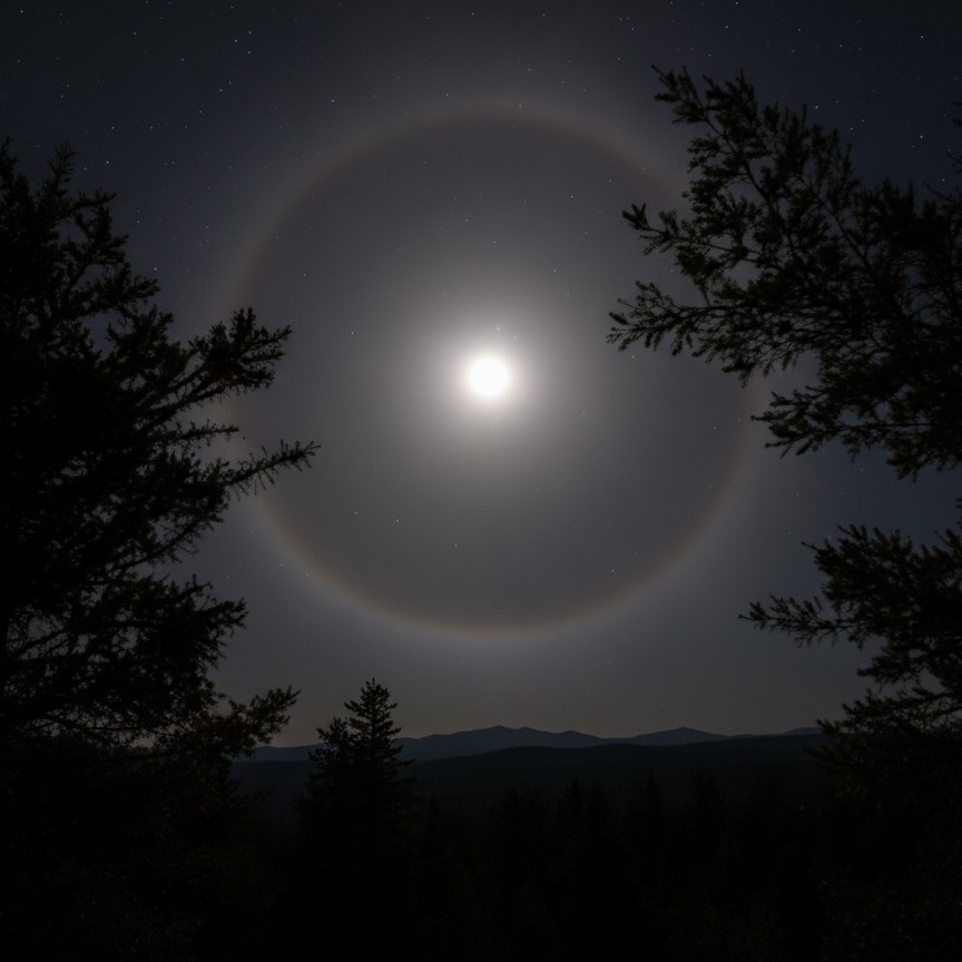 Lunar Halo Cincin Cahaya di Sekitar Bulan Malam.