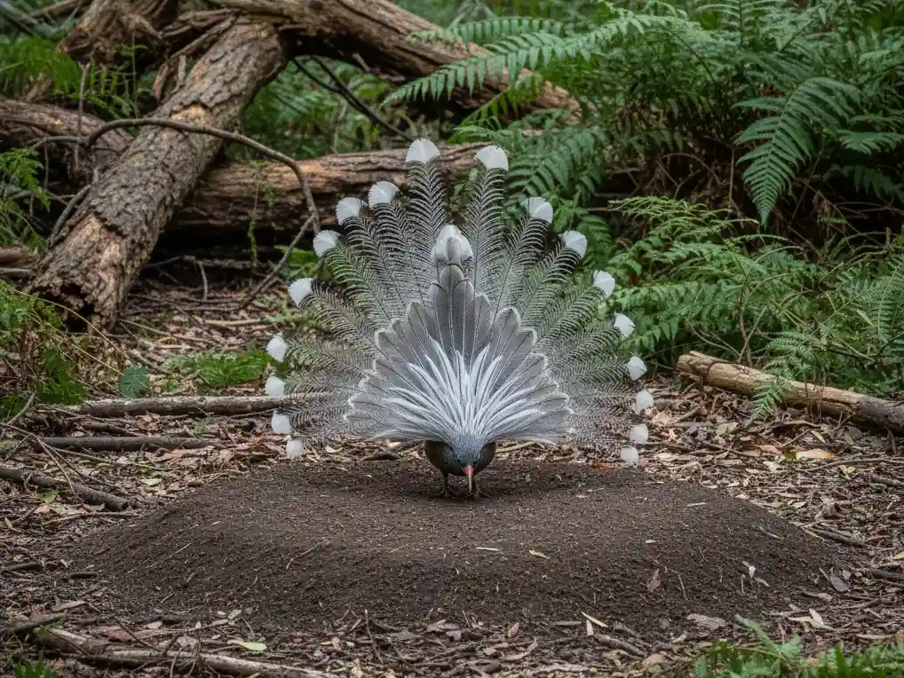 Lyrebird jantan di atas gundukan pajangan saat ritual kawin