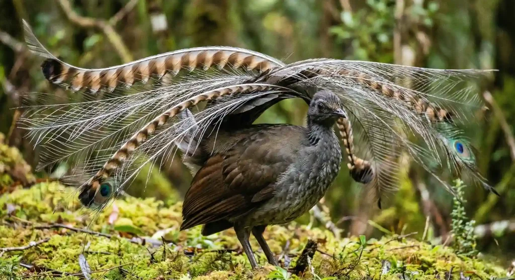 Lyrebird jantan Superb Lyrebird dengan ekor lira terentang