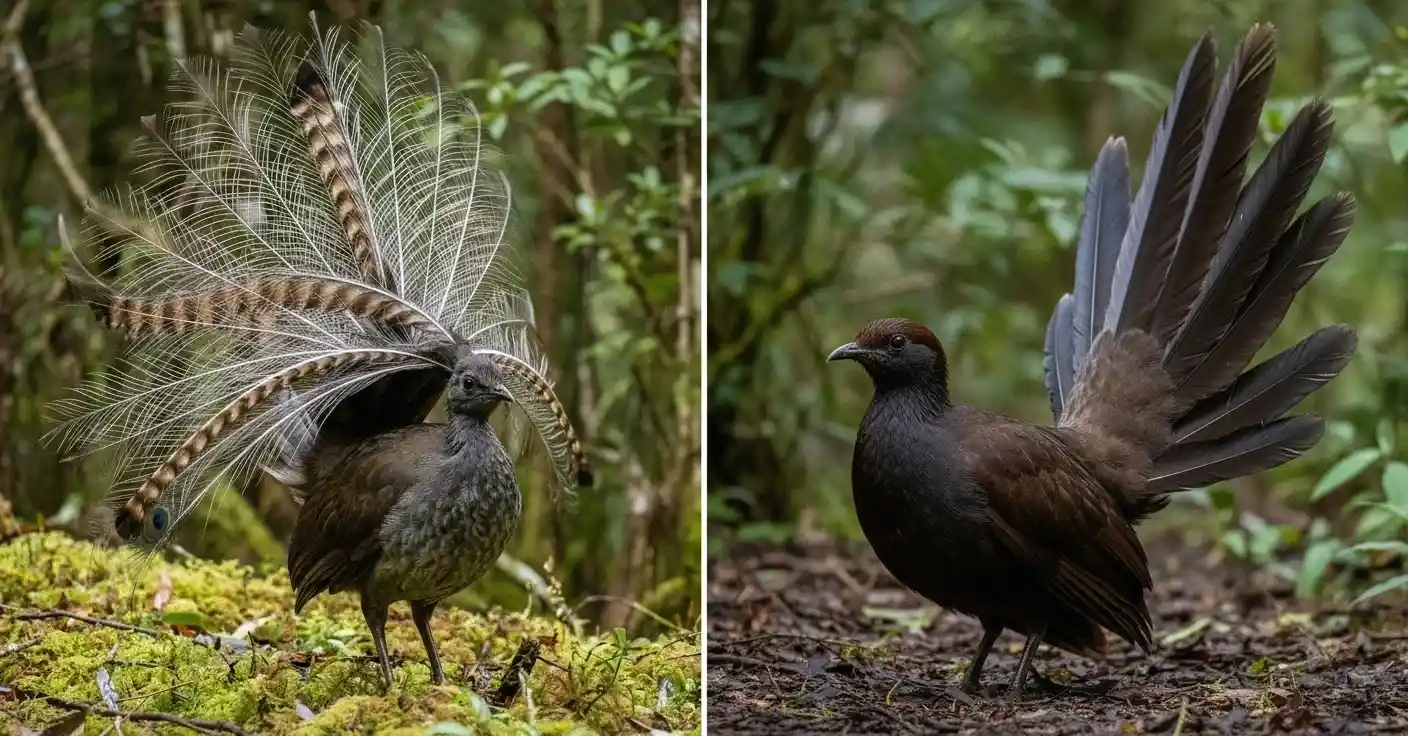 Kolase perbandingan Superb Lyrebird dan Albert's Lyrebird