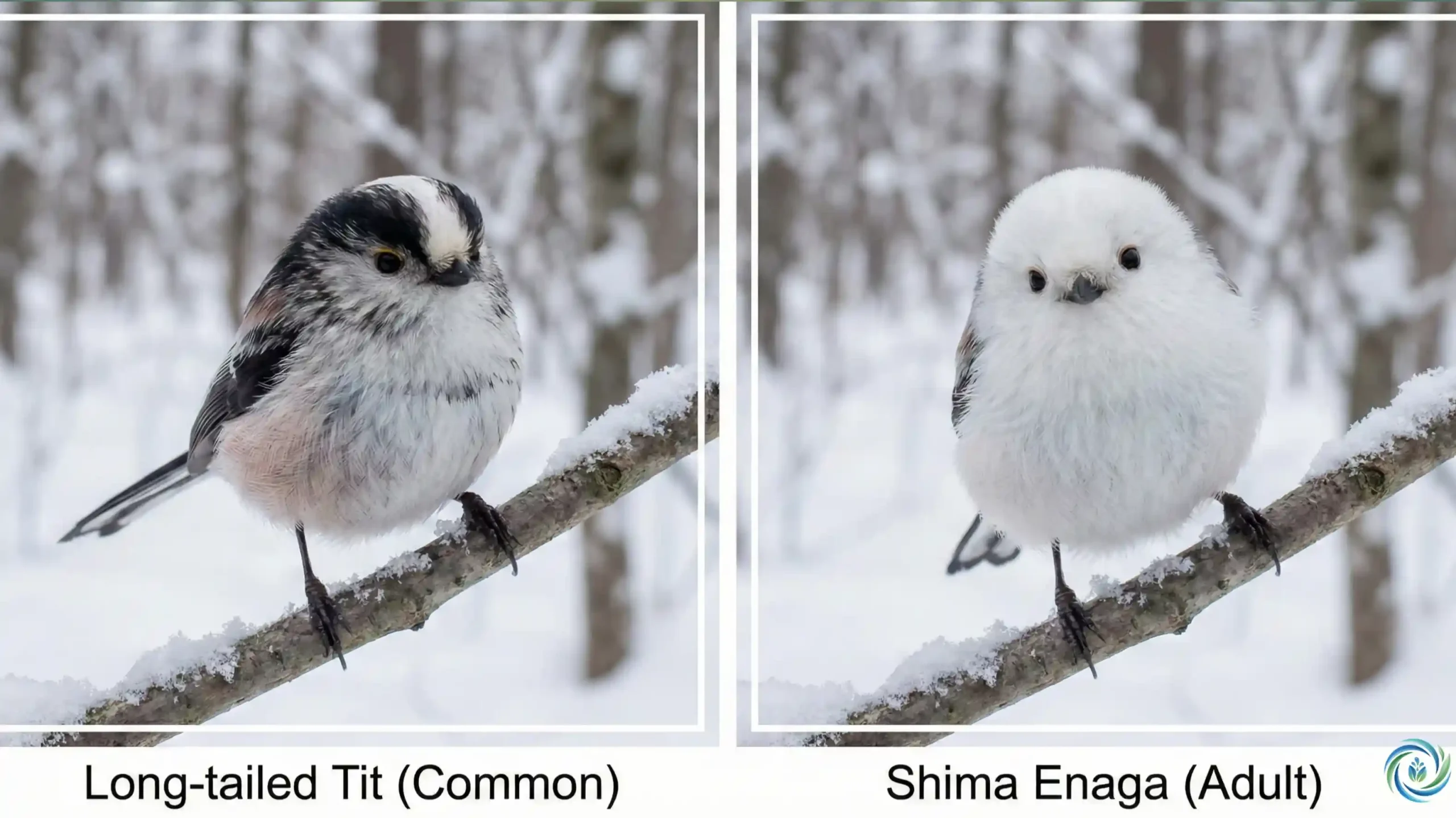 Perbandingan wajah burung Long-tailed Tit beralis hitam dengan Shima Enaga berwajah putih polos.