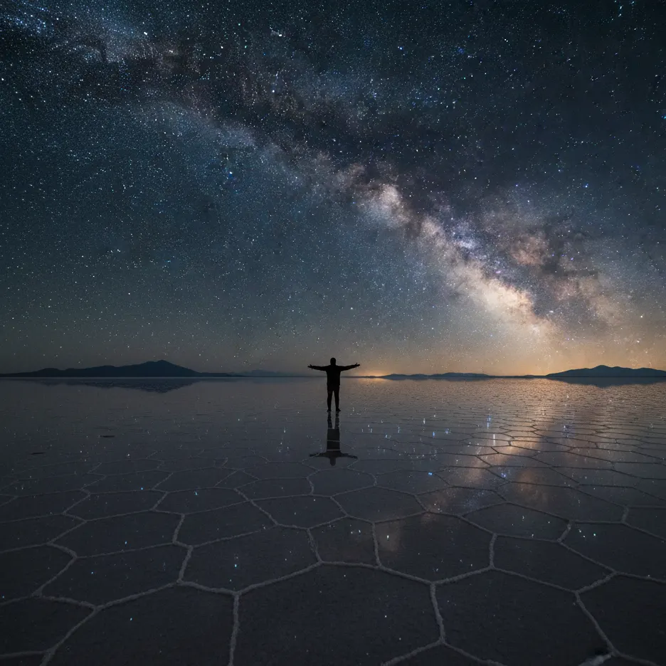 Pemandangan fotografi bintang (Milky Way) yang sangat jelas di atas dataran garam Salar de Uyuni di malam hari.