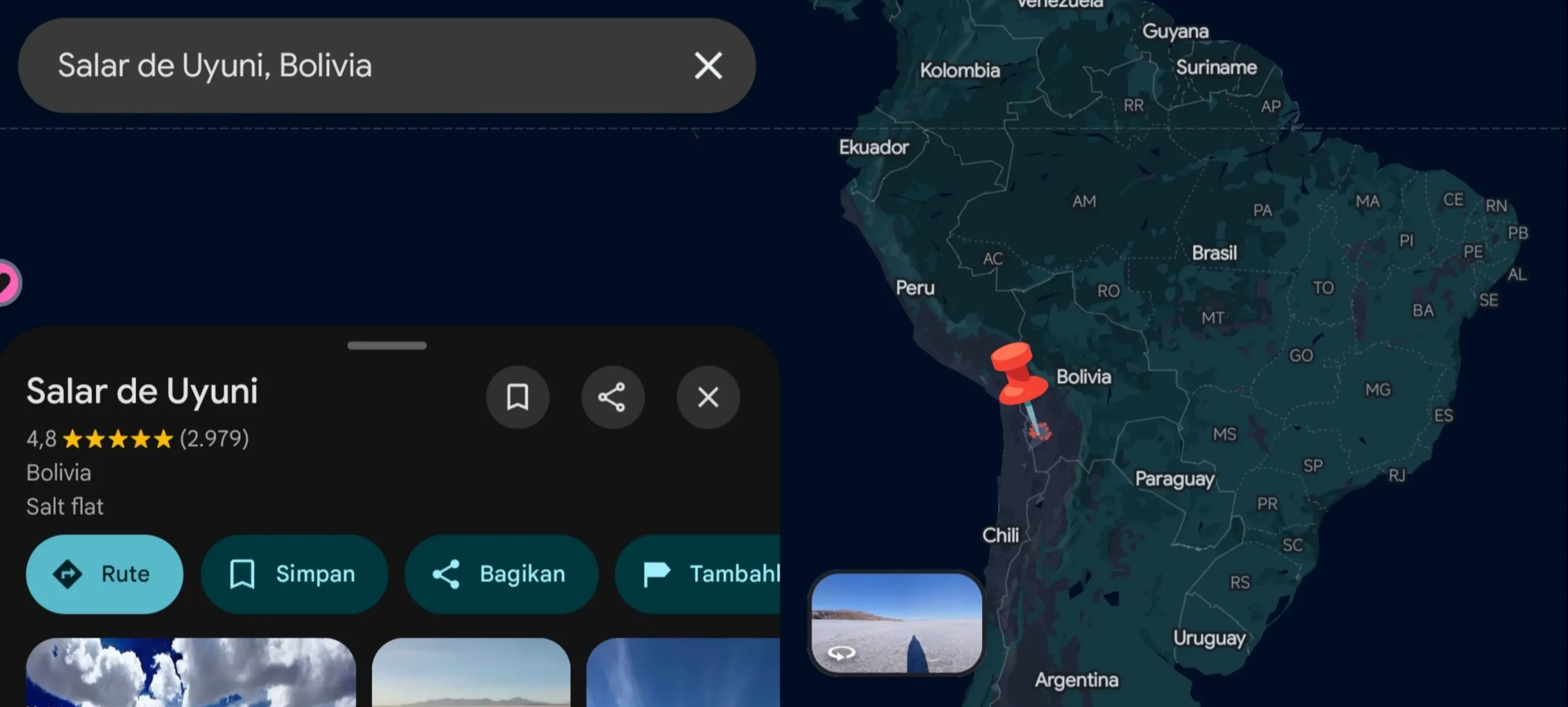 Tangkapan layar Google Maps menunjukkan lokasi Salar de Uyuni, dataran garam (Salt flat) di Bolivia, ditandai dengan pin merah di peta Amerika Selatan.