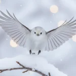 Burung Shima Enaga putih (Aegithalos caudatus japonicus) mendarat dengan sayap terbuka di ranting pohon berselimut salju.